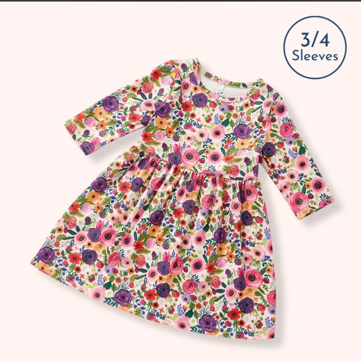 Bloom Bursts Dress — painterly floral print dress with 3/4 sleeves and flowy gathered skirt