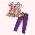 Bloom Bursts Pant Set — tiered ruffle floral print top with solid purple leggings
