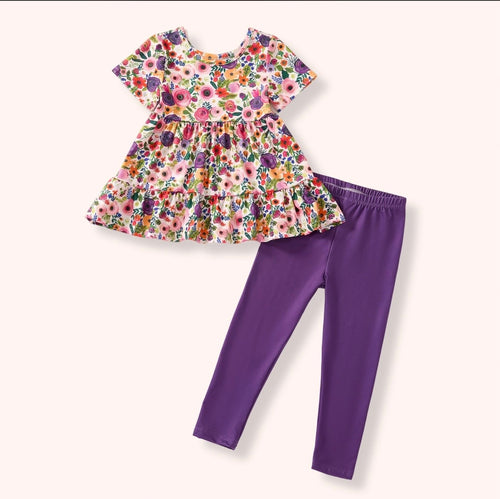 Bloom Bursts Pant Set — tiered ruffle floral print top with solid purple leggings