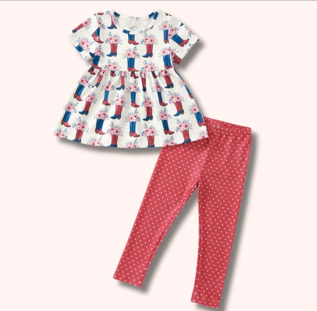 Boots and Blooms Pant Set - floral babydoll top with pink star leggings