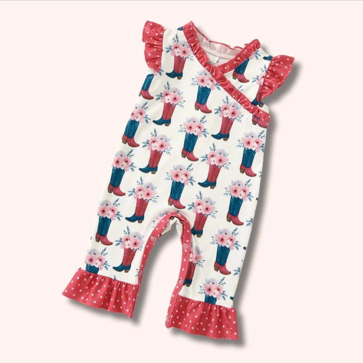 Boots and Blooms Romper - floral print with ruffle flutter sleeves and star trim