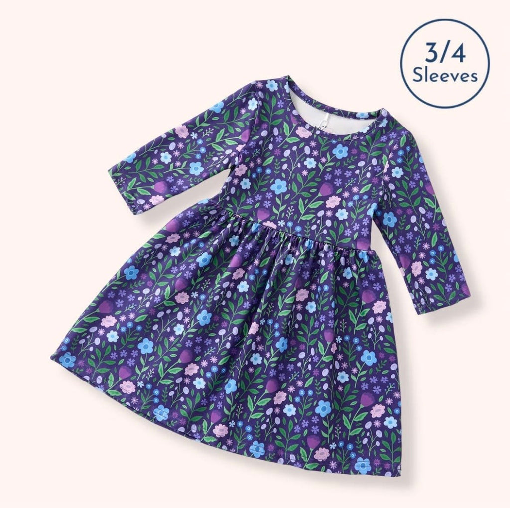 Breezy Blossoms Dress - navy wildflower print with 3/4 sleeves and full twirl skirt