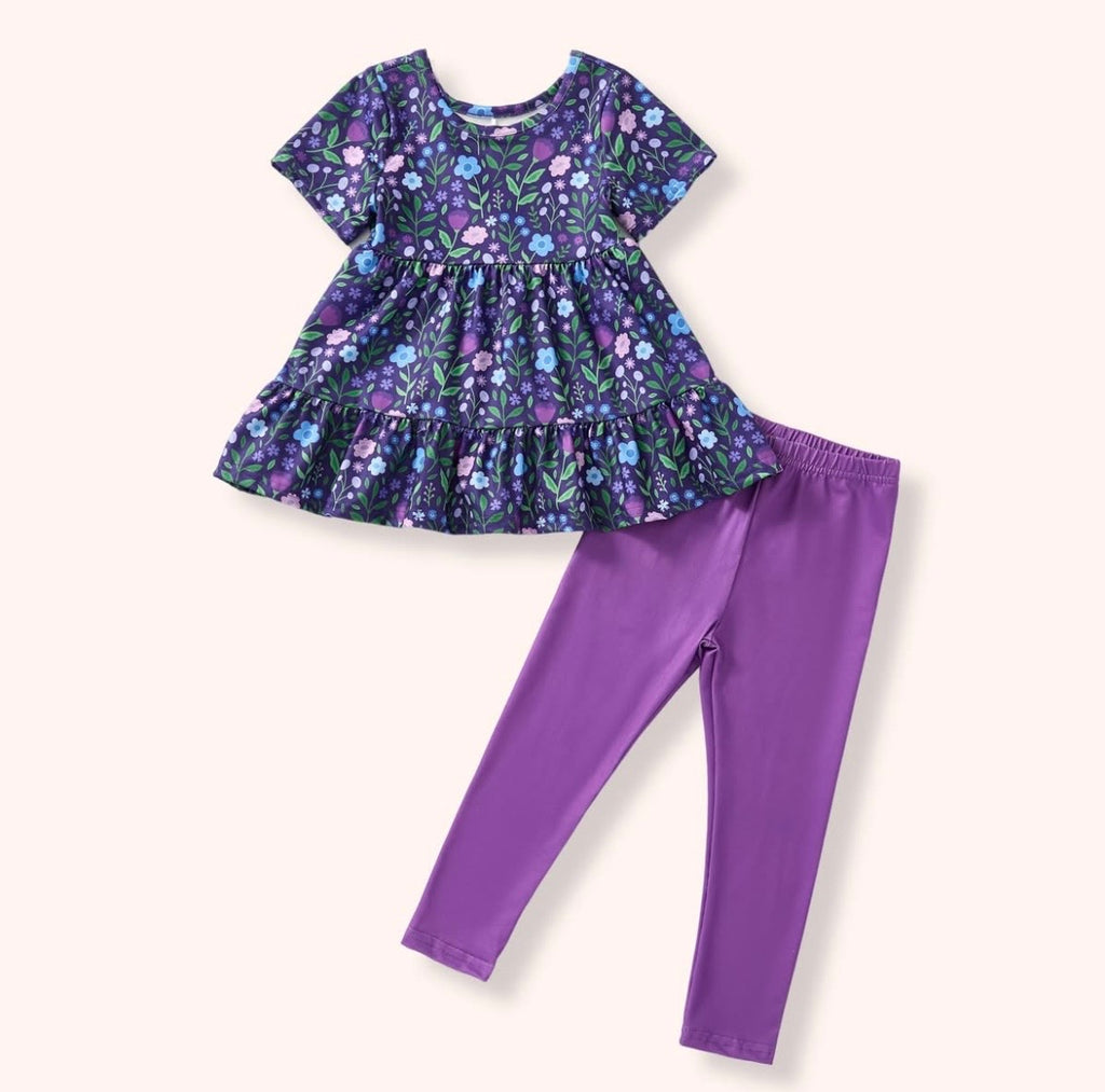 Breezy Blossoms Pant Set - navy floral ruffle top with solid lavender leggings