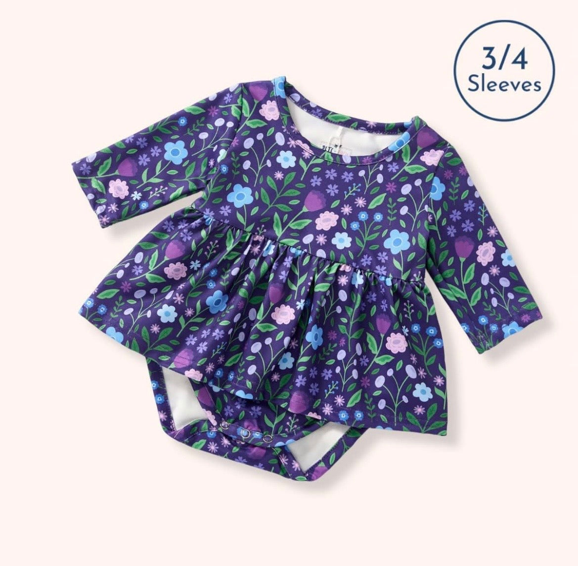 Breezy Blossoms Romper - navy wildflower skirted bodysuit with 3/4 sleeves