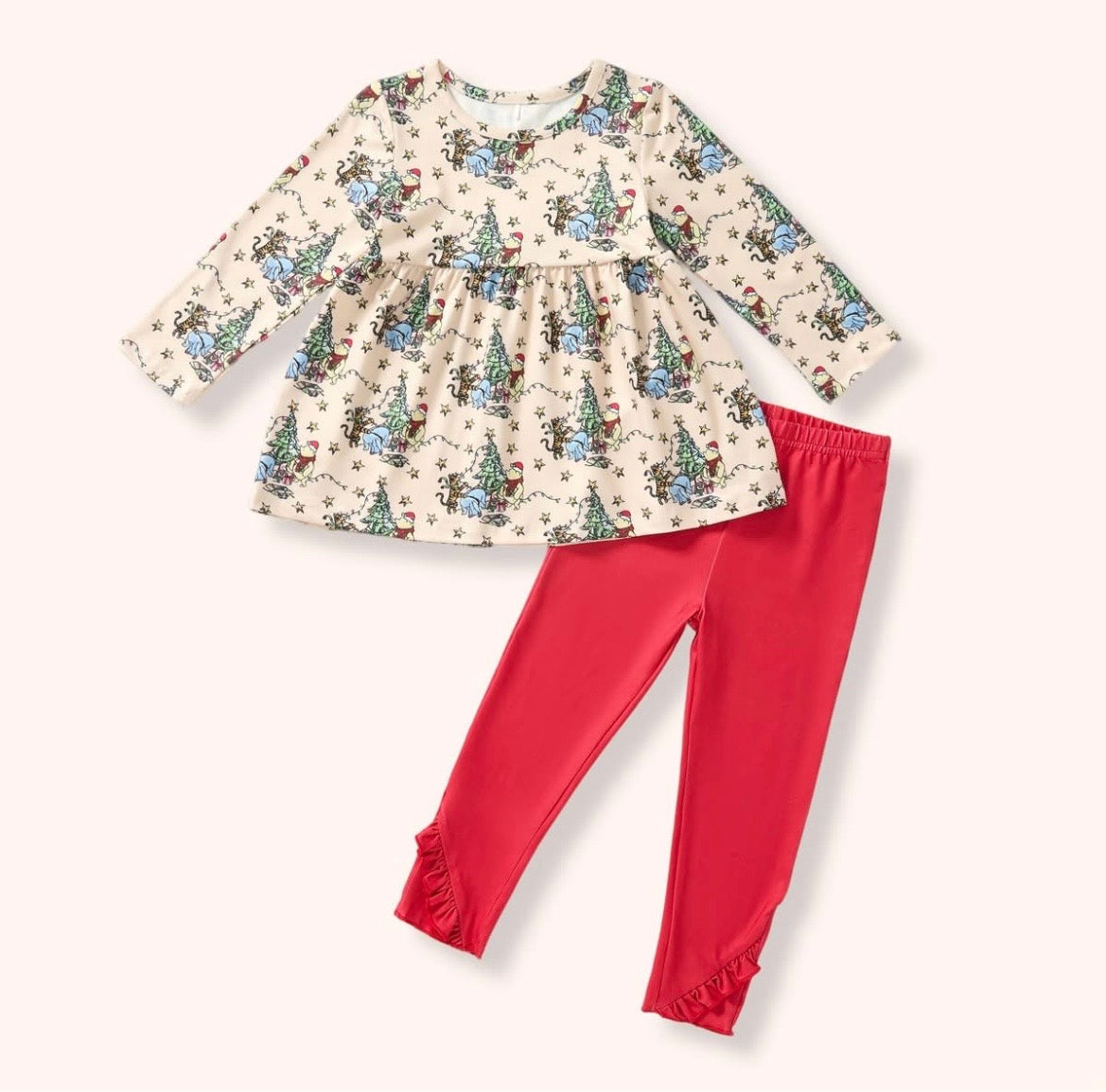 Hunny Holiday Pant Set - Christmas print top with red ruffle leggings