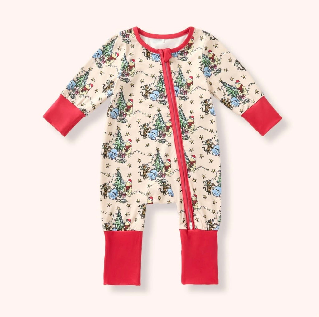 Hunny Holiday Zip Romper - Christmas print with red zipper and contrast cuffs