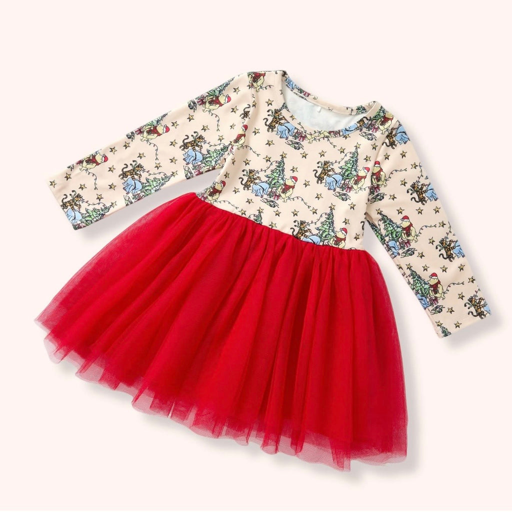 Hunny Holiday Tulle Dress - Christmas print bodice with red tulle skirt