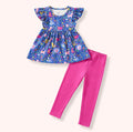 Meow Magic Pant Set — blue cat and floral print flutter top with hot pink leggings