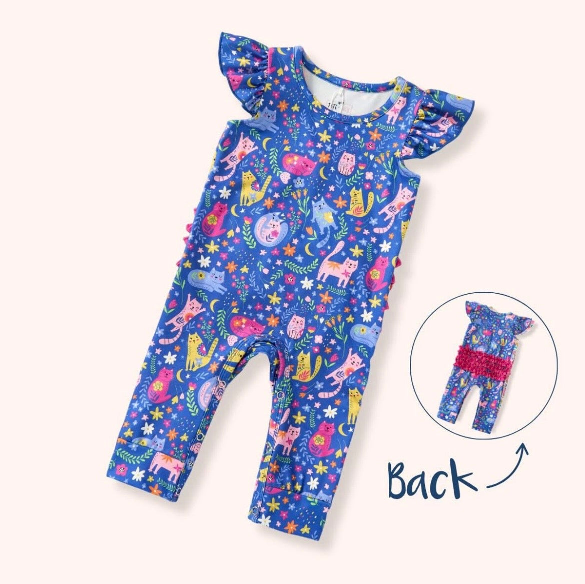 Meow Magic Romper — blue cat and floral print flutter sleeve romper with hot pink ruffle back
