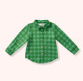 Pine and Petals Boy Shirt - boys Christmas green plaid long sleeve button-down shirt with wooden buttons