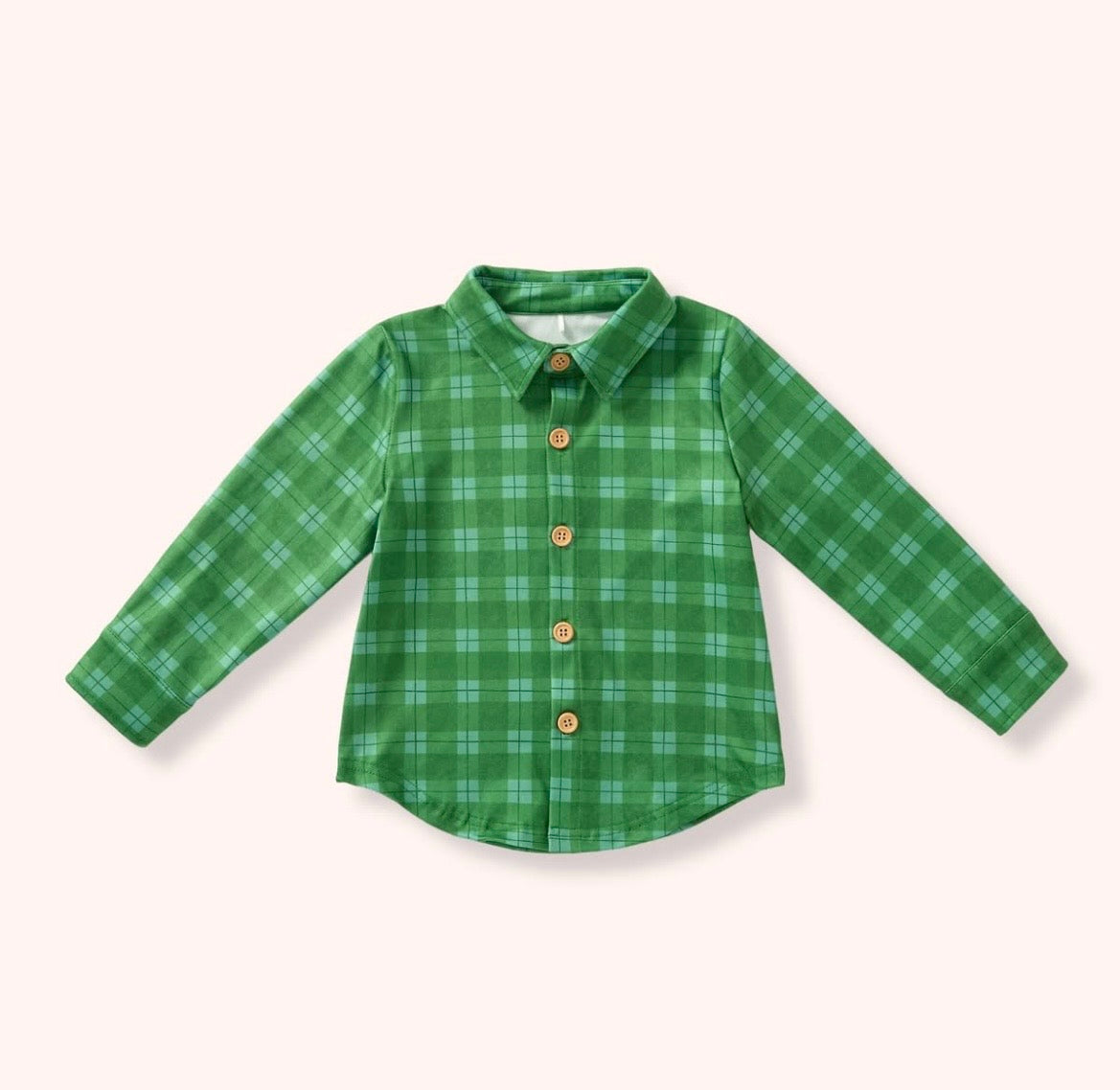 Pine and Petals Boy Shirt - boys Christmas green plaid long sleeve button-down shirt with wooden buttons