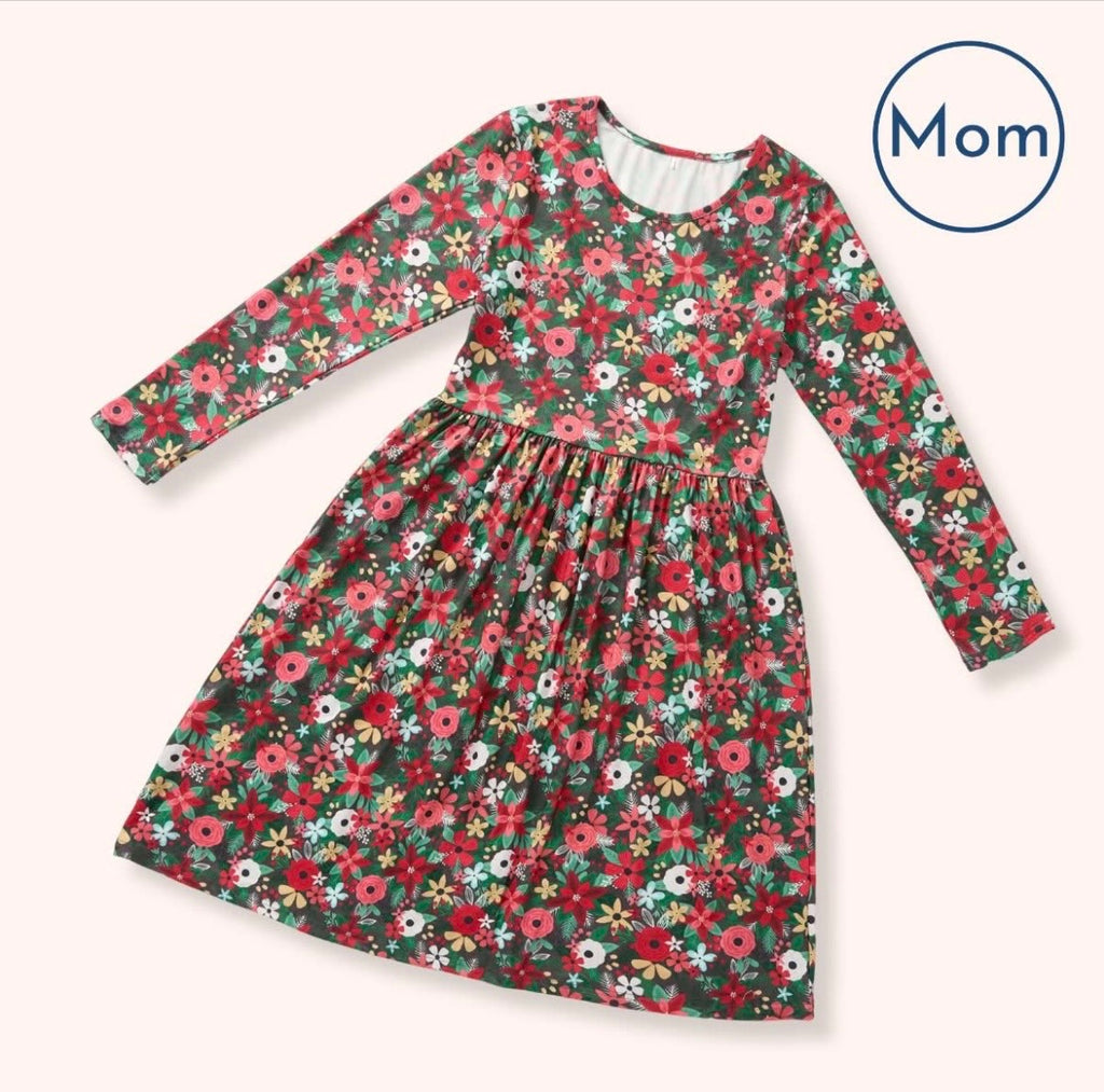 Pine and Petals Mom Dress - womens Christmas floral long sleeve dress with fitted bodice and full gathered skirt