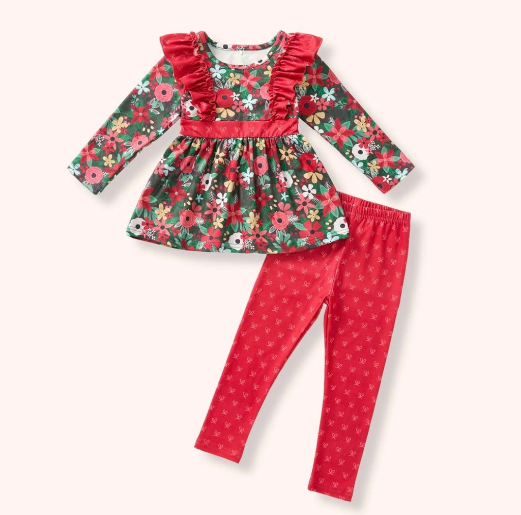 Pine and Petals Pant Set - girls Christmas floral peplum top with red ruffle trim and matching red floral leggings