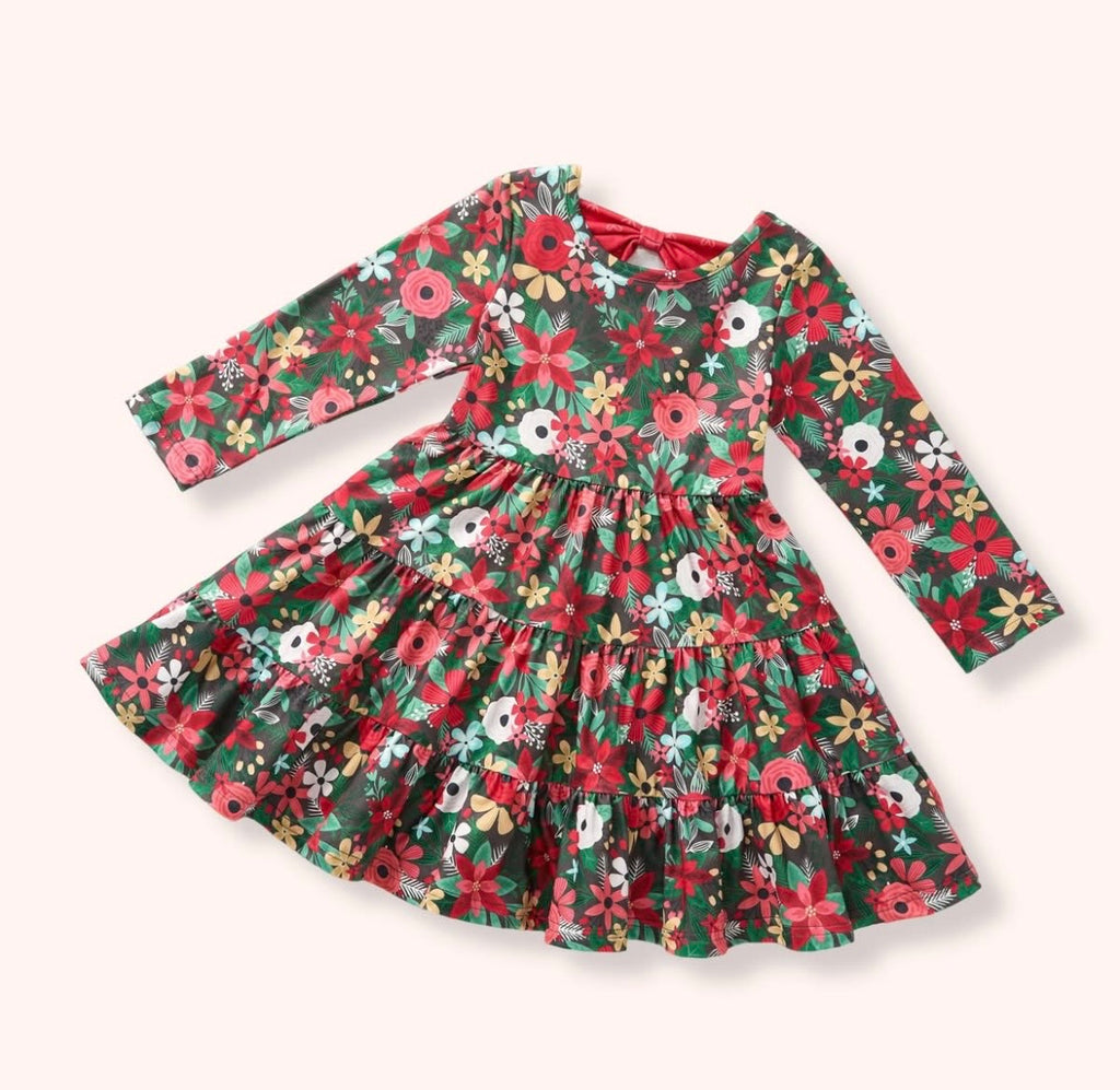 Pine and Petals Dress - girls Christmas floral tiered ruffle dress with red bow back detail