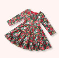 Pine and Petals Dress - girls Christmas floral tiered ruffle dress with red bow back detail
