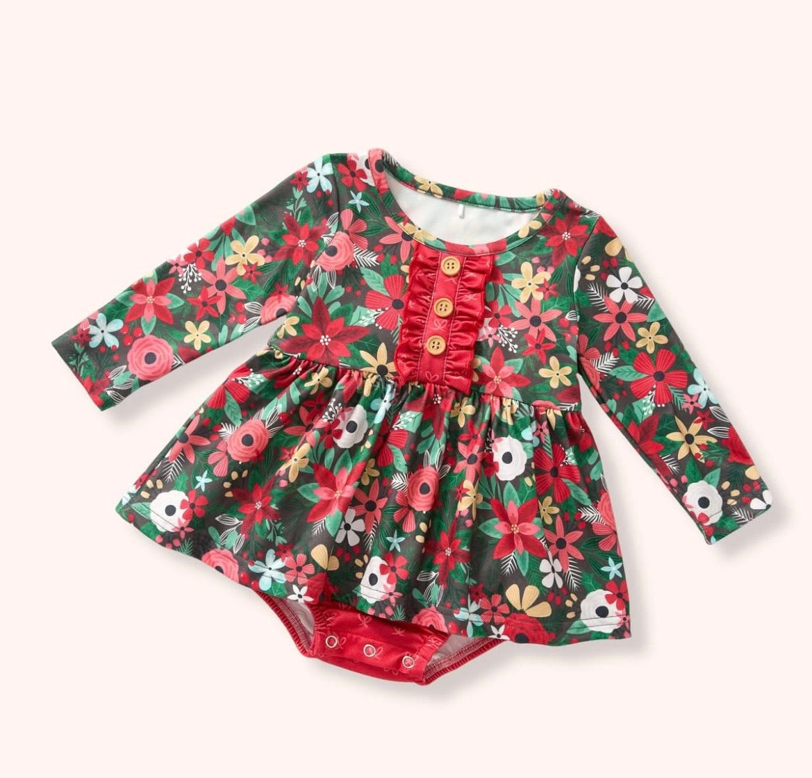 Pine and Petals Romper - baby girls Christmas floral romper with red satin ruffle placket and wooden buttons