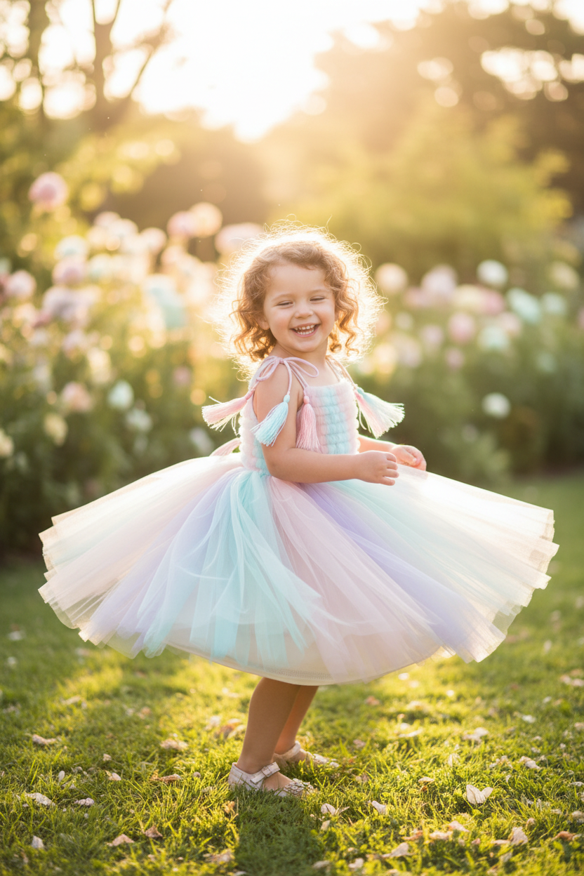 Toddler girl twirling in whimsical pastel princess tulle dress in a sunlit garden