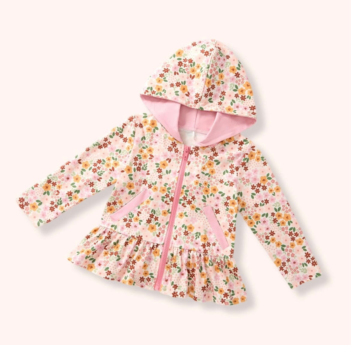 Fall Capsule Jacket - ditsy floral zip-up hoodie with ruffle peplum hem and pink lining