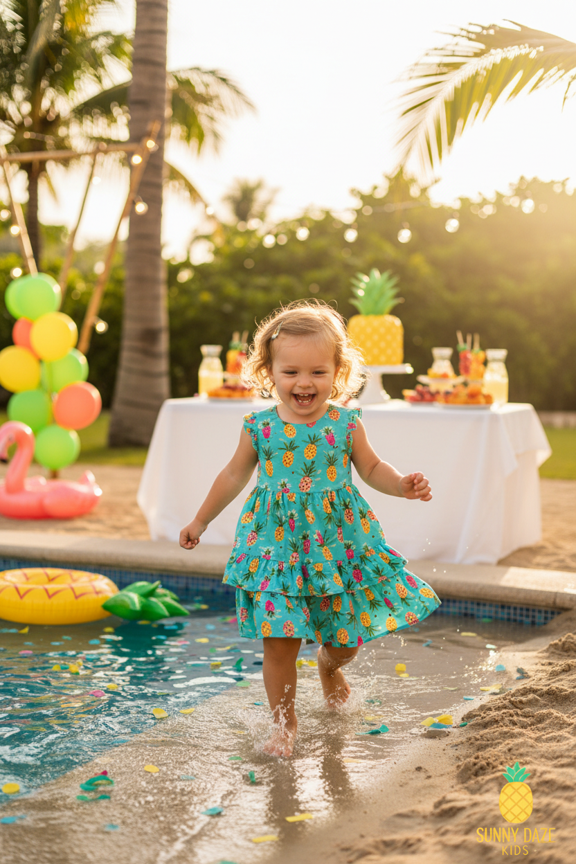 Happy toddler girl in bright tropical pineapple tiered dress at a summer beach party