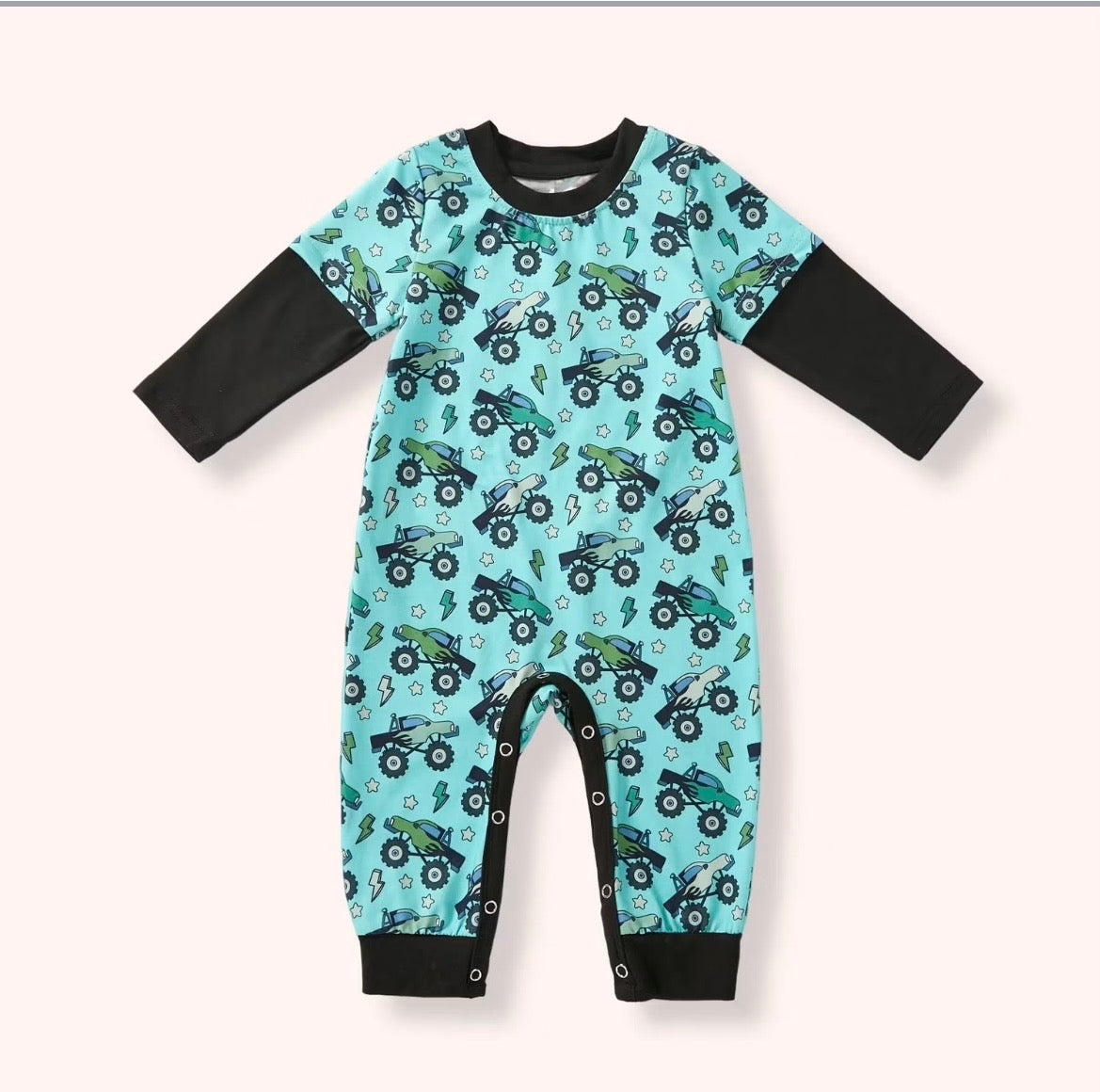 Big Wheels Boy Romper - mint monster truck all-over print long-sleeve romper with black contrast sleeves and snap closure