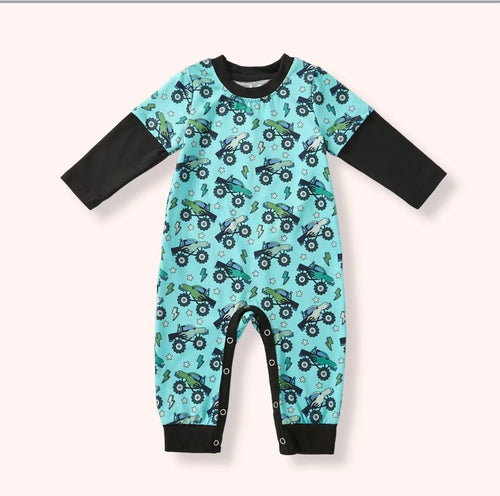 Big Wheels Boy Romper - mint monster truck all-over print long-sleeve romper with black contrast sleeves and snap closure