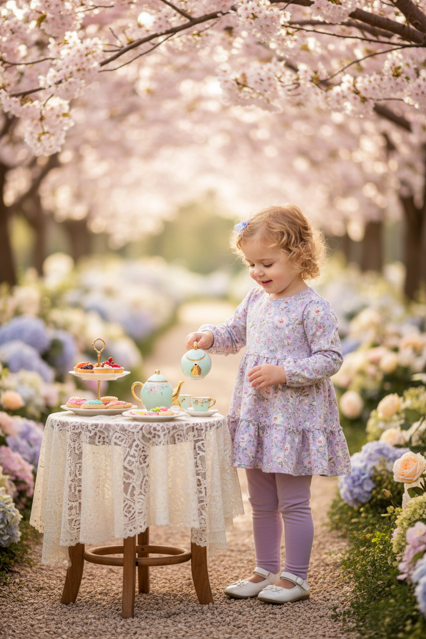 Sweet toddler girl in soft pastel floral tunic with ruffle hem and lavender leggings at a tea party