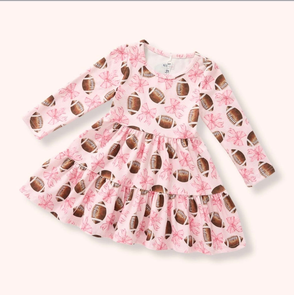 Game Day Dress - blush pink football and bow print tiered dress