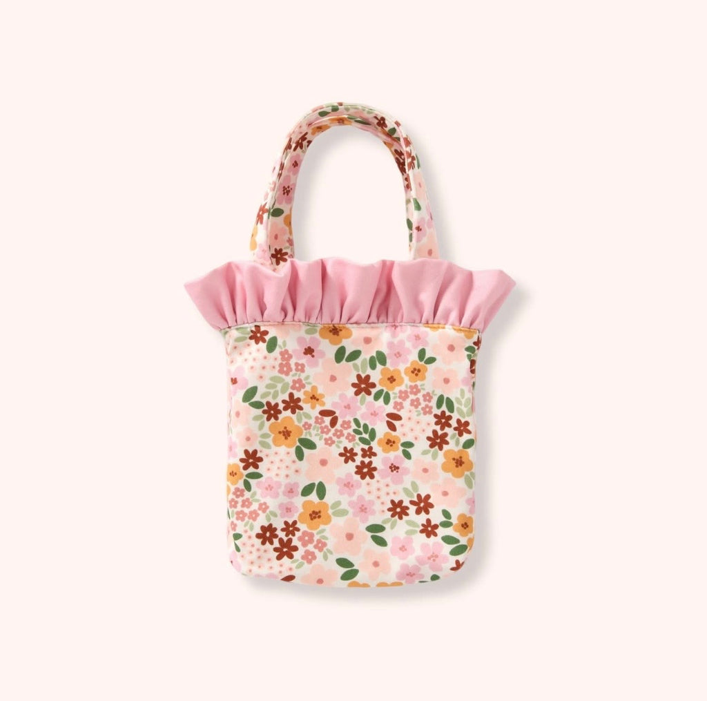 Fall Capsule Purse - ditsy floral mini tote with blush pink ruffle trim and matching handles
