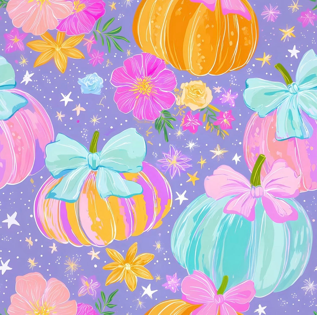 Preppy Pumpkins print — pastel pumpkins with bows and florals on lavender