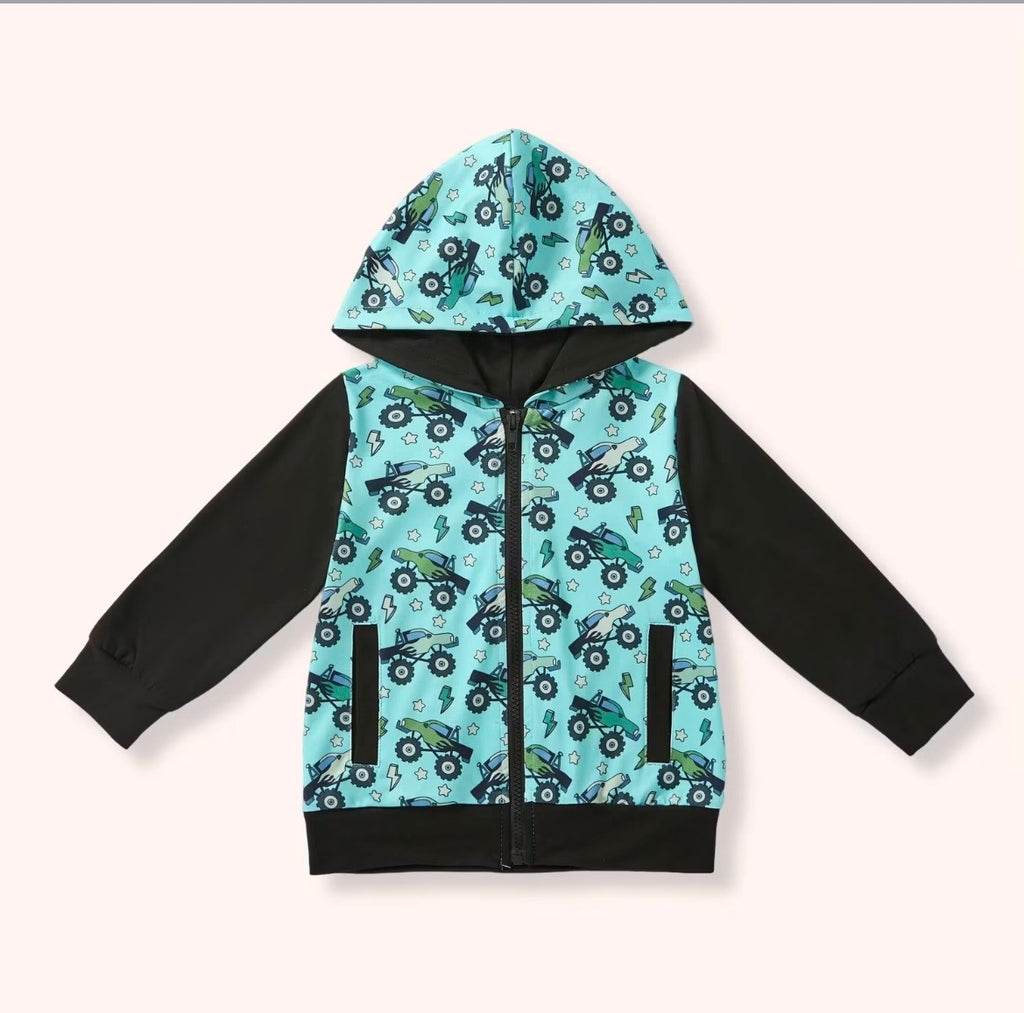 Big Wheels Hoodie - mint monster truck all-over print zip-up with black contrast sleeves and hood