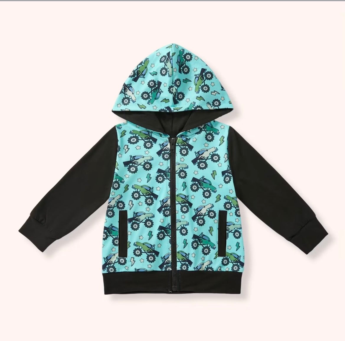 Big Wheels Hoodie - mint monster truck all-over print zip-up with black contrast sleeves and hood