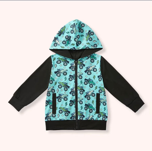 Big Wheels Hoodie - mint monster truck all-over print zip-up with black contrast sleeves and hood