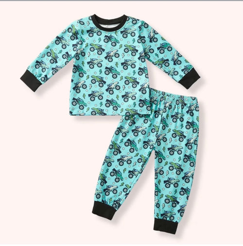 Big Wheels Loungewear Set - mint monster truck all-over print two-piece top and jogger set with black ribbed trim