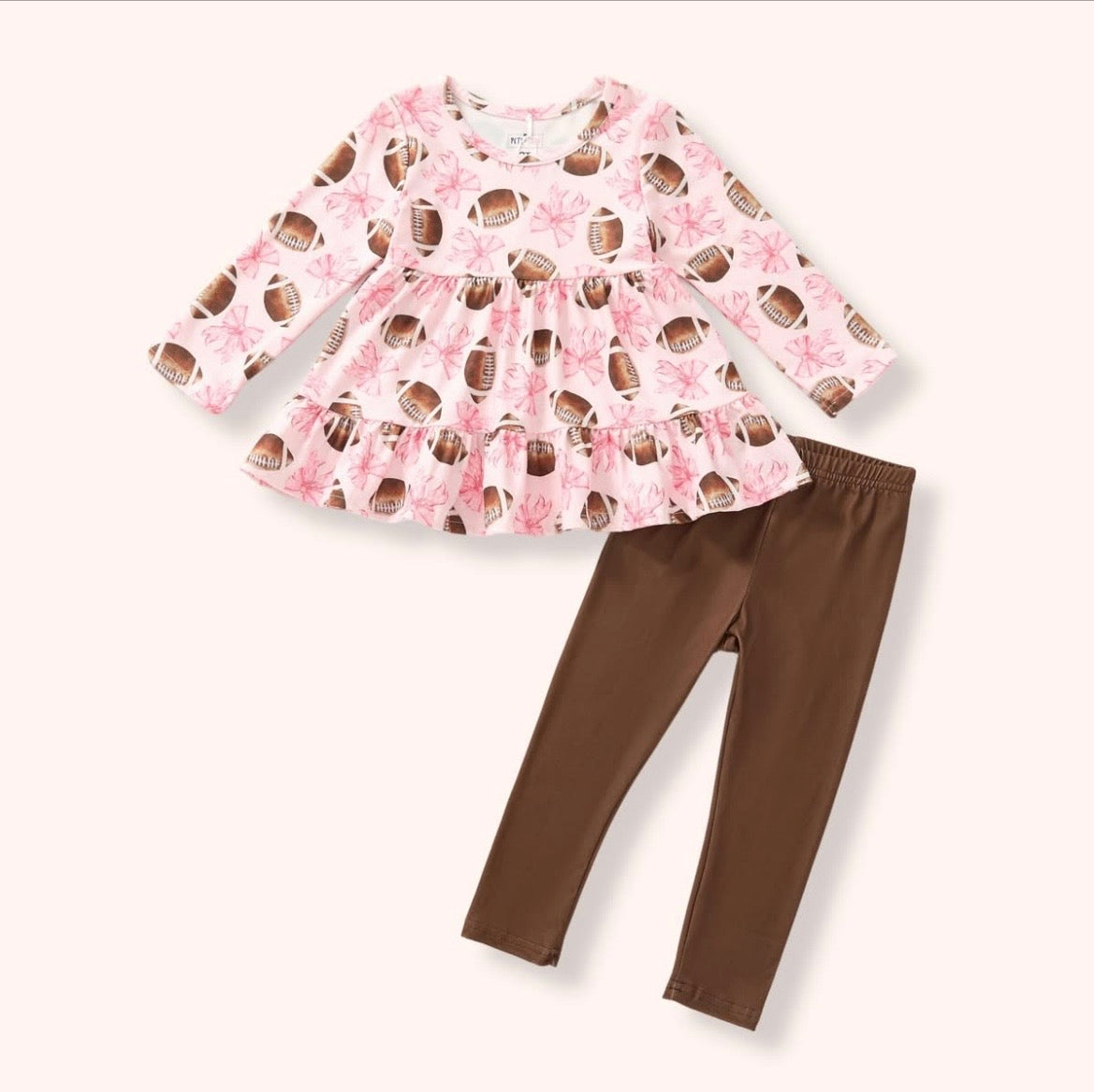 Game Day 2 Pc Pant Set - football print peplum top with chocolate brown leggings