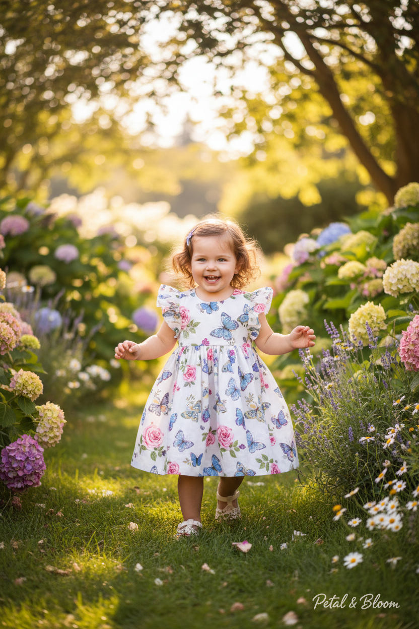 Toddler girl in butterfly floral garden print dress playing outdoors in a sunny garden