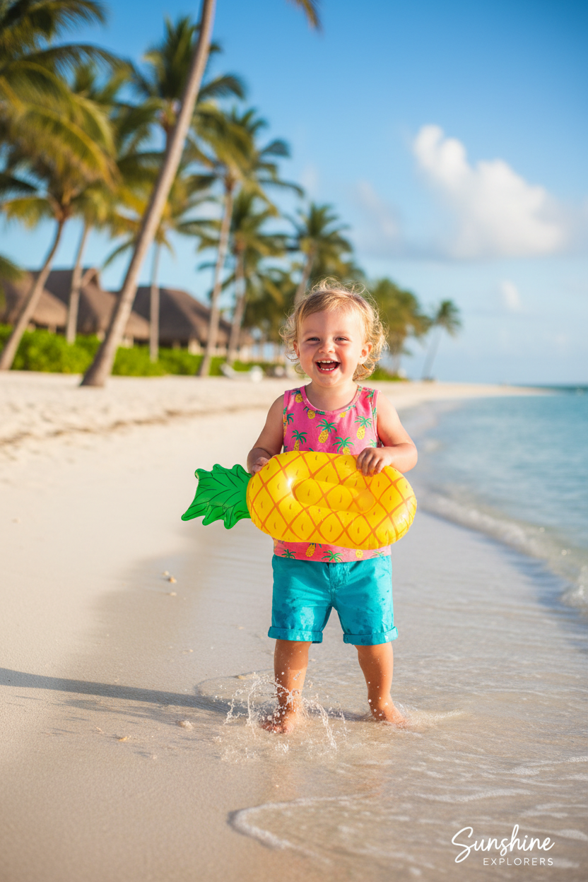 Happy toddler girl in tropical palm tree pineapple print pink top with blue shorts at the beach