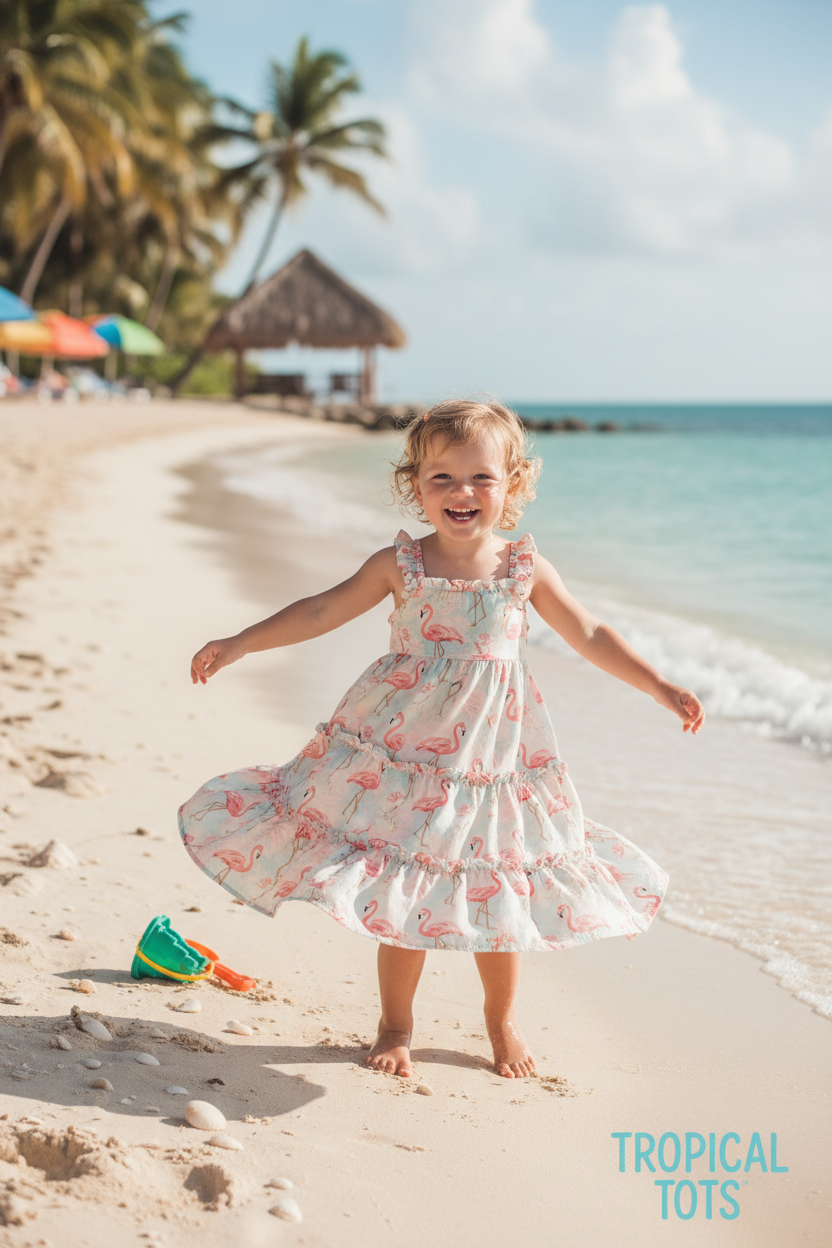 Joyful toddler girl in flowy flamingo print tiered dress on a sunny tropical beach