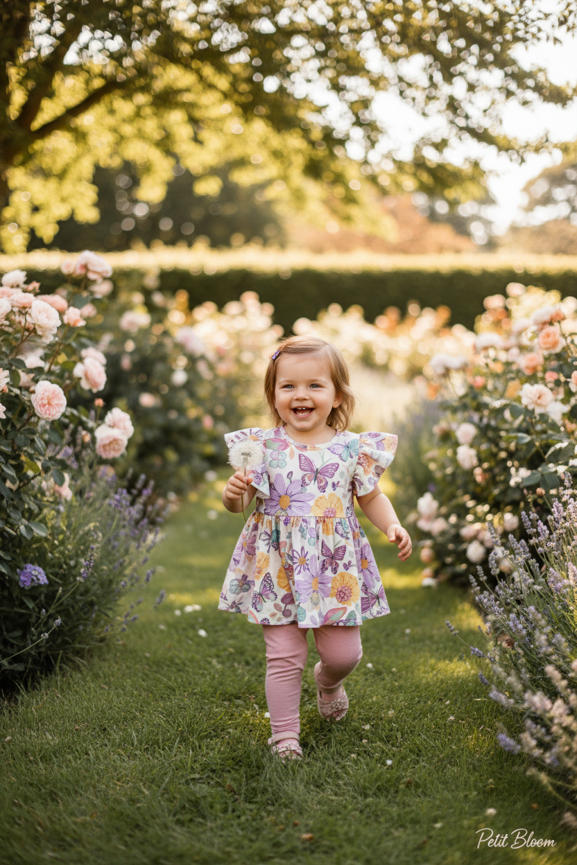 Joyful toddler girl in butterfly and floral garden print flutter-sleeve tunic with soft pink leggings in a sunny garden
