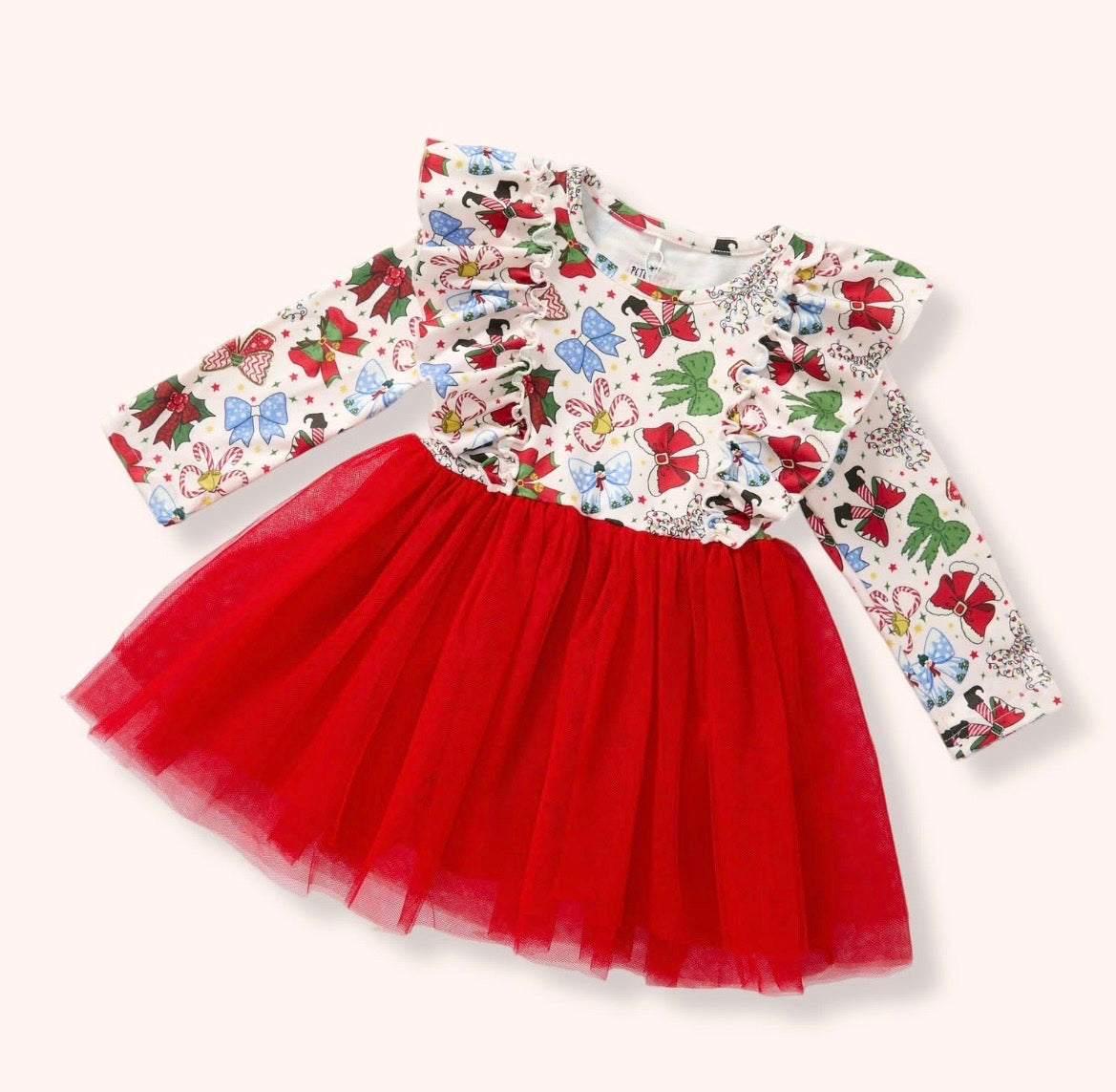 Christmas Bows Dress with a colorful bow-print long-sleeve bodice, ruffle accents, and a gathered red skirt with sheer mesh overlay.