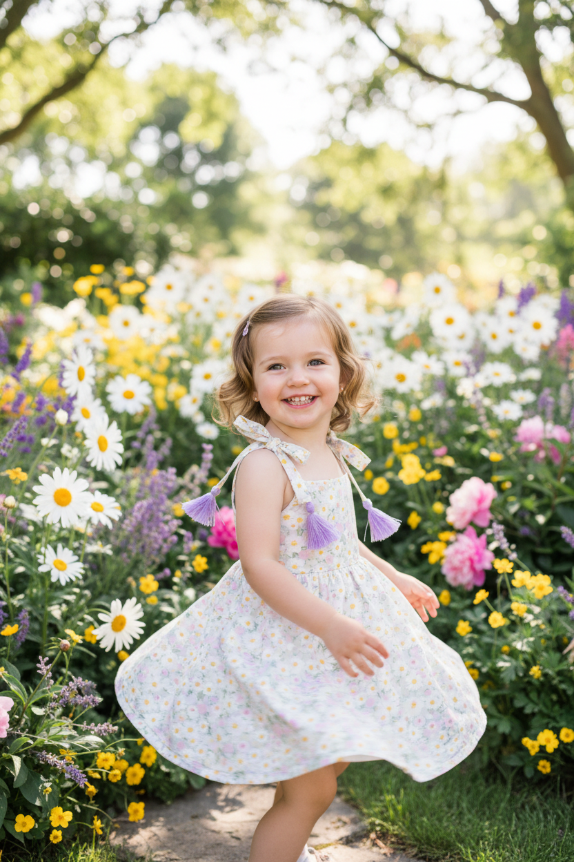 Toddler girl twirling in a pastel daisy floral dress in a bright flower garden