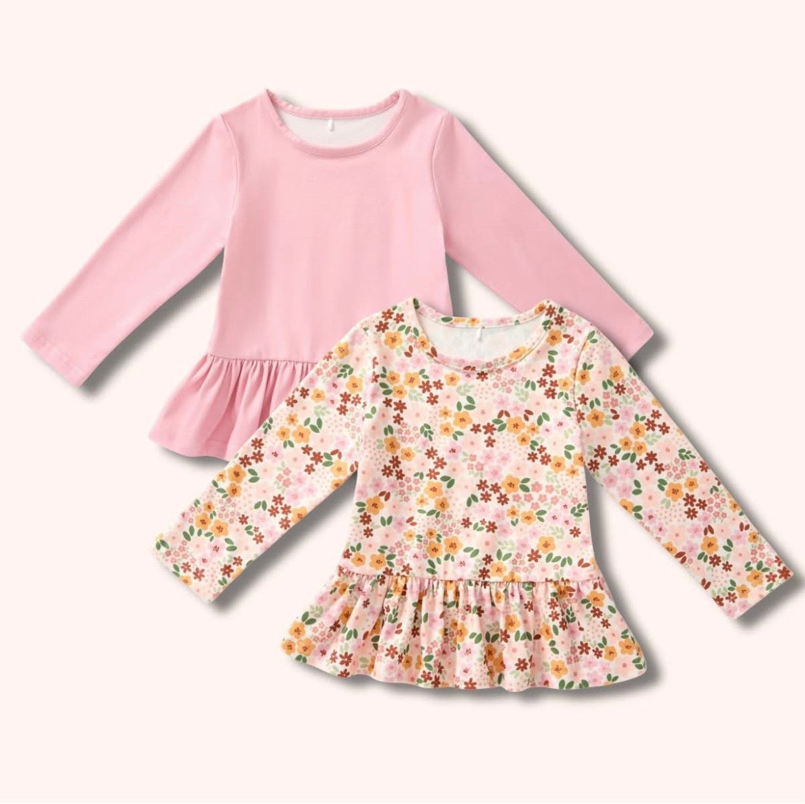 Fall Capsule Shirts - 2-pack with solid blush pink and ditsy floral peplum long-sleeve tops